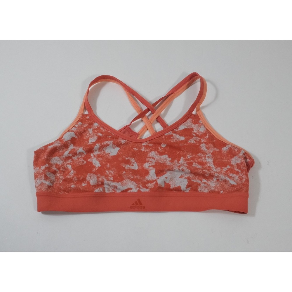 Adidas Sports Bra Women Medium Orange Abstract Print Strappy Criss Cross
